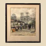 Luigi Kasimir Signed Color Etching 'Booksellers at Notre Dame' Paris 1930