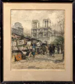 Luigi Kasimir Signed Color Etching 'Booksellers at Notre Dame' Paris 1930 - Image 2
